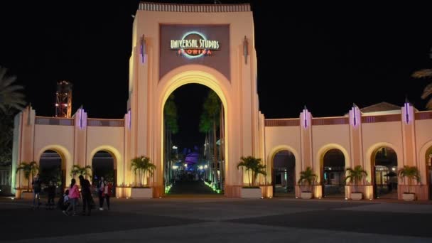 Orlando Florida Aprile 2019 Universal Studios Arco Sfondo Notturno Citywalk — Video Stock