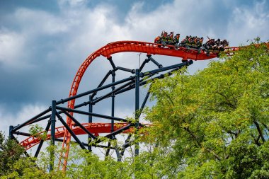 Tampa Körfezi, Florida. 30 Nisan 2019 . Busch Gardens'ta Dicle rollercoaster'da yenilikçi bir deneyim yaşayan insanlar (3).