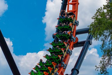 Tampa Körfezi, Florida. 30 Nisan 2019 . Busch Gardens'ta Dicle rollercoaster'da yenilikçi bir deneyim yaşayan insanlar (6)