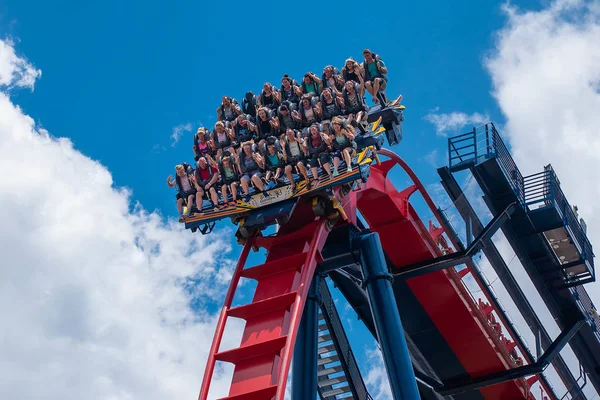 Tampa Körfezi, Florida. 30 Nisan 2019. Busch Gardens Tema Parkı'nda sheikra rollercoaster binmek enyoing insanların heyecanlı yüzleri (2)