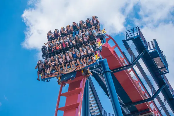 Tampa Körfezi, Florida. 30 Nisan 2019. Busch Gardens Tema Parkı'nda sheikra rollercoaster binmek enyoing insanların heyecanlı yüzleri (4)