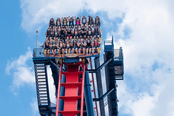 Tampa Körfezi, Florida. 30 Nisan 2019. Busch Gardens Tema Parkı'nda sheikra rollercoaster binmek enyoing insanların heyecanlı yüzleri (9)