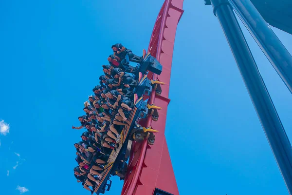 Tampa Körfezi, Florida. 30 Nisan 2019. Busch Gardens Tema Parkı'nda sheikra rollercoaster binmek enyoing insanların heyecanlı yüzleri (17)