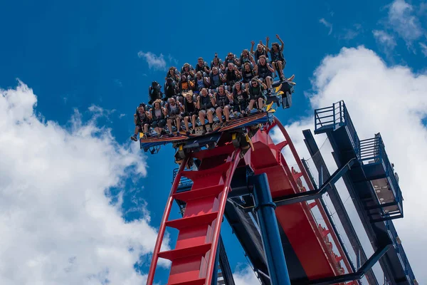 Tampa Körfezi, Florida. 30 Nisan 2019. Busch Gardens Tema Parkı'nda sheikra rollercoaster binmek enyoing insanların heyecanlı yüzleri (18)