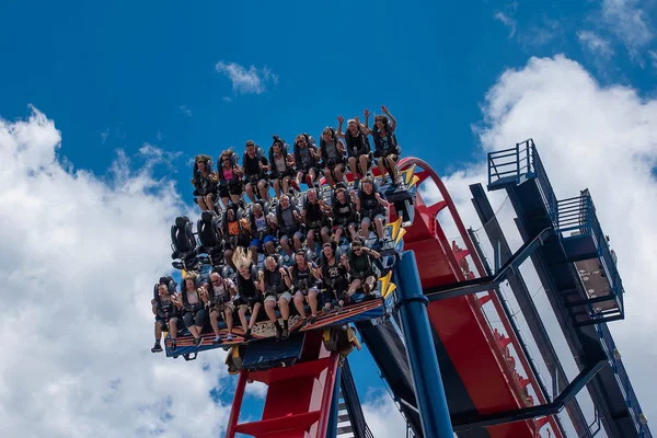 Tampa Körfezi, Florida. 30 Nisan 2019. Busch Gardens Tema Parkı'nda sheikra rollercoaster binmek enyoing insanların heyecanlı yüzleri (19)