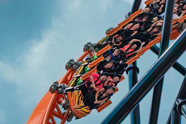 Tampa Körfezi, Florida. 30 Nisan 2019 . Busch Gardens'ta Dicle rollercoaster'da yenilikçi bir deneyim yaşayan insanlar (2)