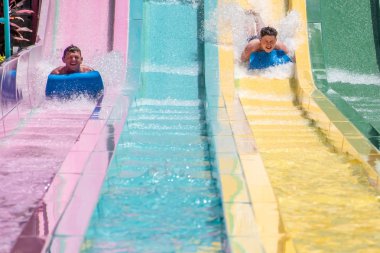 Orlando, Florida. 01 Temmuz 2019. İnsanlar Aquatica de Taumata Racer cazibe eğleniyor. Parktaki en büyük heyecan 25..