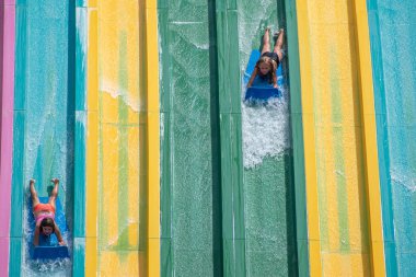 Orlando, Florida. 01 Temmuz 2019. İnsanlar Aquatica de Taumata Racer cazibe eğleniyor. ParkTaki en büyük heyecan 24..