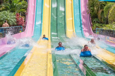 Orlando, Florida. 01 Temmuz 2019. İnsanlar Aquatica de Taumata Racer cazibe eğleniyor. ParkTaki en büyük heyecan 28..