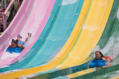Orlando, Florida. 01 Temmuz 2019. İnsanlar Aquatica de Taumata Racer cazibe eğleniyor. ParkTaki en büyük heyecan 29.