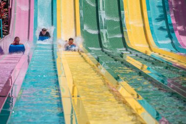 Orlando, Florida. 01 Temmuz 2019. Aquatica 4 tamauta Racer şaşırtıcı dik tepeye aşağı kayan insanlar