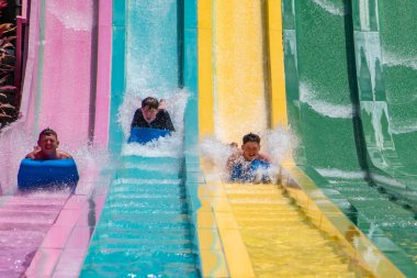 Orlando, Florida. 01 Temmuz 2019. Aquatica 12'deki Tamauta Racer'daki şaşırtıcı derecede dik tepeye kayan insanlar