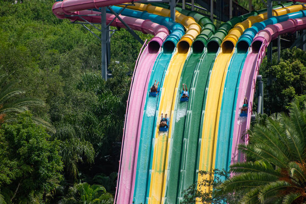 Orlando, Florida. July 01, 2019. People having fun in Taumata Racer attraction at Aquatica . It is the biggest thrill in the park 22