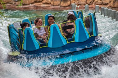 Orlando, Florida 'da. 13 Temmuz 2019. İnsanlar eğlenceli inanılmaz Infinity SeaWorld 12 Falls.