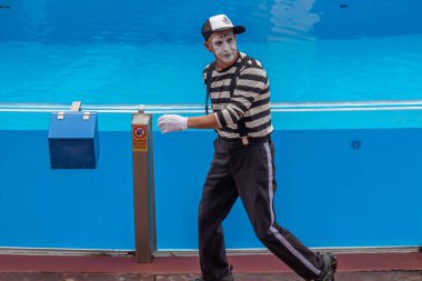 Orlando, Florida. 26 Temmuz 2019. Seaworld Sea Lion High Show başlamadan önce dakika içinde insanları eğlendiren Mime sanatçı (2).