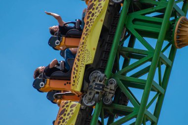 Tampa Körfezi, Florida. 08 Ağustos 2019. İnsanlar inanılmaz müthiş Çita Hunt rollercoaster lightblue bulutlu gökyüzü arka plan 73