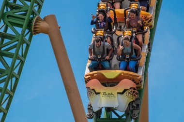 Tampa Körfezi, Florida. 08 Ağustos 2019. İnsanlar inanılmaz müthiş Çita Hunt rollercoaster lightblue bulutlu gökyüzü arka plan 91