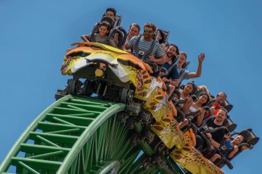 Tampa Körfezi, Florida. 08 Ağustos 2019. İnsanlar fun müthiş Çita Hunt rollercoaster lightblue bulutlu gökyüzü arka plan 71