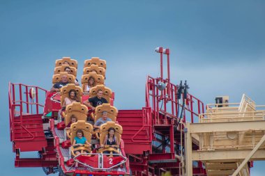 Orlando, Florida. August 07, 2019. People enjoying amazing Hollywood Rip Ride Rockit rollercoaster at Universal Studios 22.