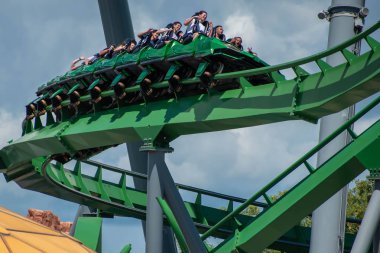 Orlando, Florida. August 07, 2019. People having fun amazing The Incredible Hulk rollercoaster , during vacation summer at Island of Adventure 23