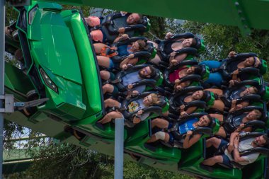 Orlando, Florida. August 07, 2019. People having fun terrific The Incredible Hulk rollercoaster , during summer vacation at Island of Adventure 44