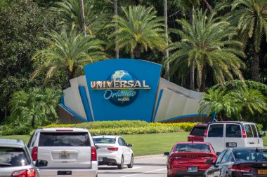 Orlando, Florida. August 07, 2019. Universal Orlando sign on Hollywood Boulevard at Universal Studios area clipart