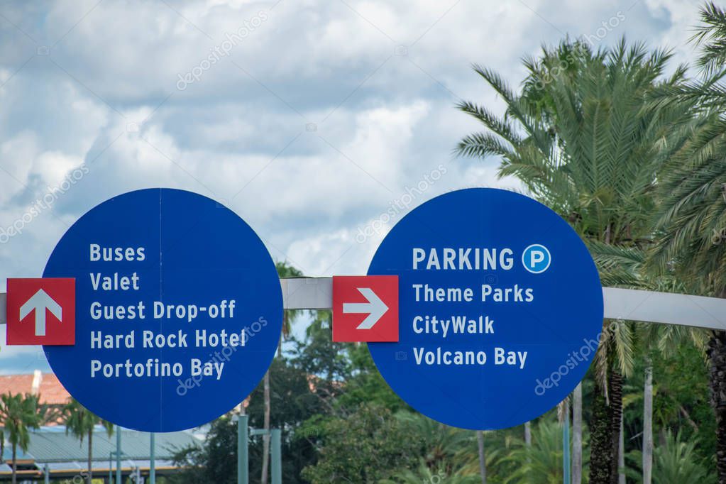 Orlando, Florida. August 07, 2019. Top view of Hotels and Theme Parks sign at Universal Studios area 61.