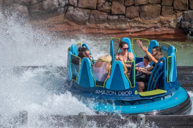 Orlando, Florida. 28 Ağustos 2019. Seaworld'de Infinity Falls'ta büyük bir sıçrama ile eğlenen insanlar (23).