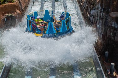 Orlando, Florida. 28 Ağustos 2019. Seaworld'deki Infinity Falls'ta büyük bir sıçrama ile eğlenen insanlar (64).