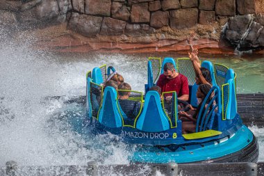 Orlando, Florida. 28 Ağustos 2019. Seaworld'deki Infinity Falls'ta büyük bir sıçrama ile eğlenen insanlar (94)