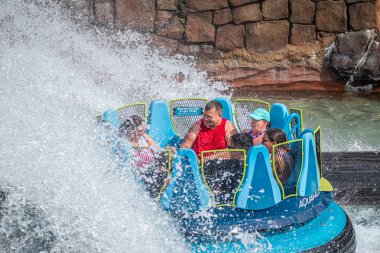 Orlando, Florida. 28 Ağustos 2019. Seaworld'de Infinity Falls'ta büyük bir sıçrama ile eğlenen insanlar (100).