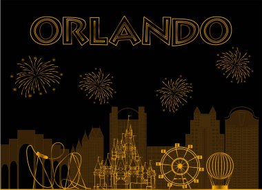 Orlando, Florida. Siyah arka plan üzerine Orlando altın yazı. Seyahat simgeleri ve havai fişekile vektör