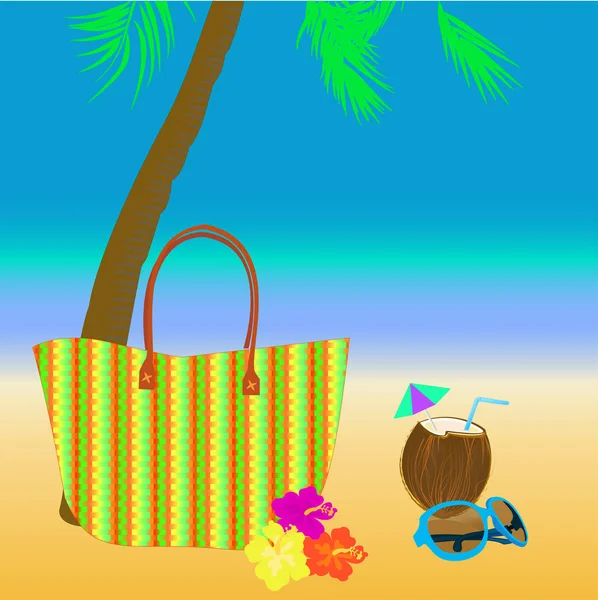 矢量与棕榈树 海滩袋 太阳镜和鲜花在海滩上的背景 旅游明信片 — 图库矢量图片