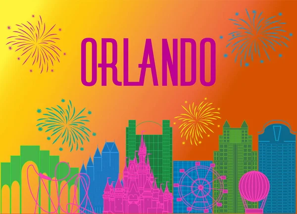 Orlando Magenta Lettering Colorful Background Vector Travel Icons Fireworks Travel — Stock Vector