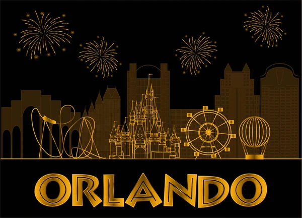 Orlando Gouden Belettering Zwarte Achtergrond Vector Met Reis Iconen Vuurwerk — Stockvector