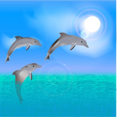 Vektör yunuslar ve sahil ışık mavisi gündoğumu arka plan üzerinde plaj ile. Seyahat Kartpostalı.