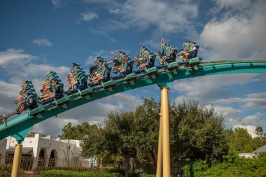 Orlando, Florida. October 5, 2019. People having fun terrific Kraken rollercoaster at Seaworld (16).