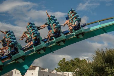 Orlando, Florida. October 5, 2019. People having fun terrific Kraken rollercoaster at Seaworld (17)