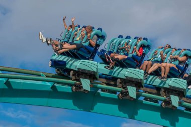 Orlando, Florida. October 5, 2019. People having fun terrific Kraken rollercoaster at Seaworld (22).
