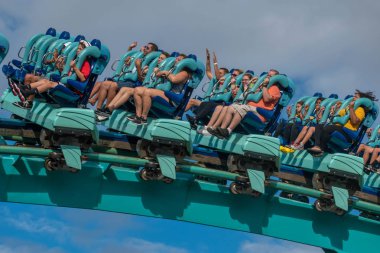 Orlando, Florida. October 5, 2019. People having fun terrific Kraken rollercoaster at Seaworld (23).