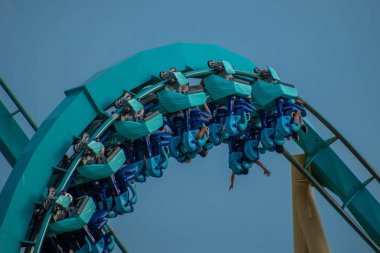 Orlando, Florida. October 5, 2019. People having fun terrific Kraken rollercoaster at Seaworld (29).