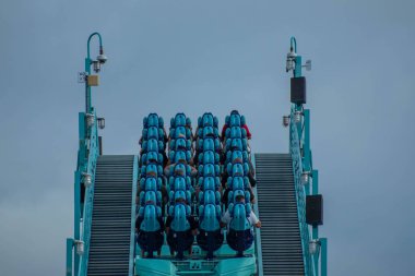 Orlando, Florida. October 5, 2019. People having fun terrific Kraken rollercoaster at Seaworld (30).