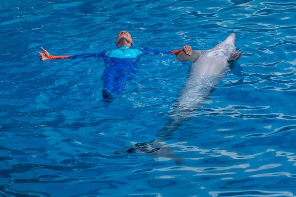 Orlando Florida Setembro 2019 Treinador Flutuando Com Golfinho Dolphin Days — Fotografia de Stock