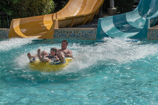 Orlando, Florida. October 24, 2019. People enjoying Omaka Rocka attraction at Aquatica 3