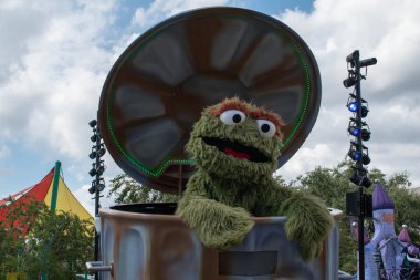 Orlando, Florida. October 24, 2019.Funny Oscar the Grouch at Sesame Street Party Parade at Seaworld 5.
