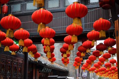 Red traditional chinese lanterns in Beatiful old town of Chengdu, Sichuan, China clipart