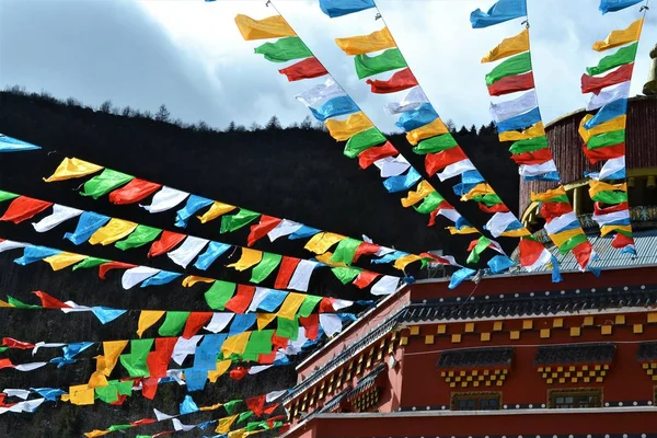 Färgglada buddhistiska flaggor på Shika Snow bergen i Yunan, Kina, Xianggelila, Zhongdian, Shangri La. — Stockfoto