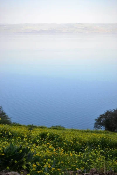 Widok na jezioro morze Kinneret Galilei z góry Mt. Arbel, piękne jezioro krajobraz, Izrael, Tiberias — Zdjęcie stockowe