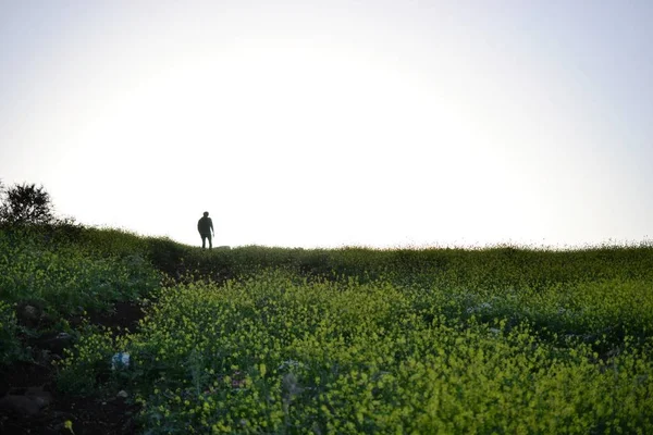 Człowiek, turystyka piesza nad Jeziorem Galilejskim Kinneret od góry Mt. Arbel, piękne jezioro krajobraz, Izrael, Tiberias — Zdjęcie stockowe