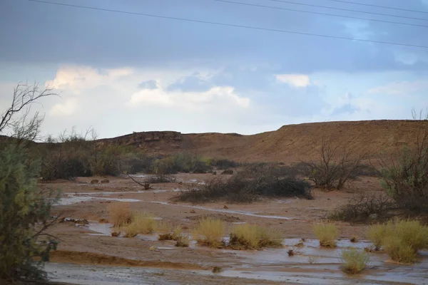 Pioggia a Mitzpe Ramon, cratere di ramon nel deserto del Negev, Israele meridionale, inondazioni d'acqua nel deserto — Foto Stock